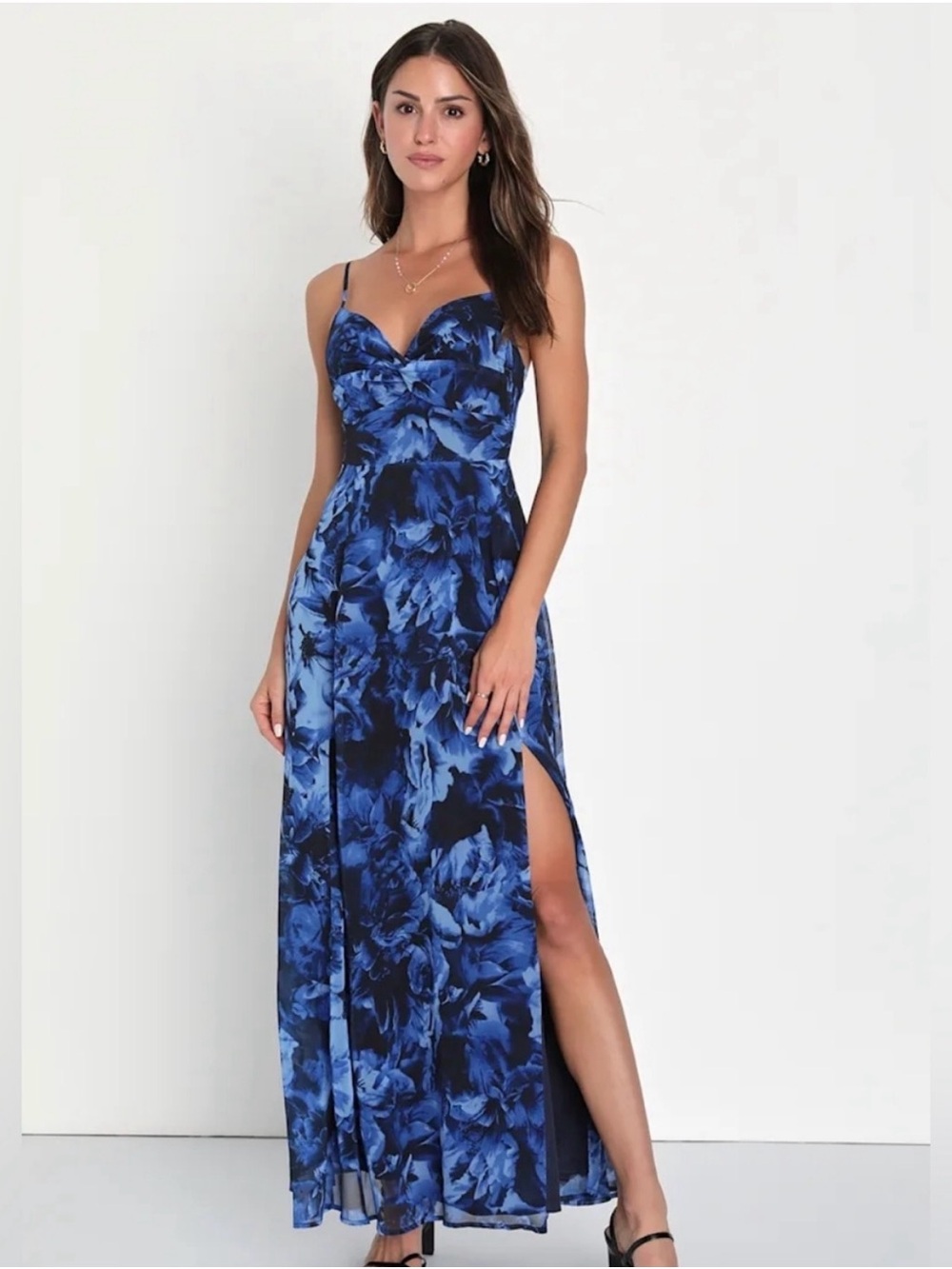 Lulu’s Beautiful Soul Blue Floral Print Twist-Front Maxi Dress